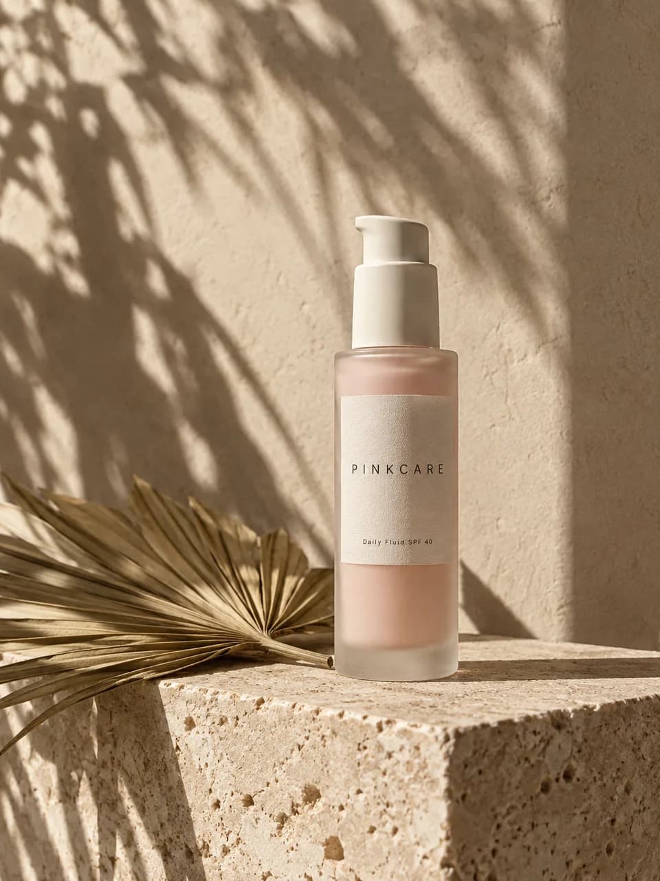 Daily Fluid SPF 40 pump bottle with a dried palm leaf